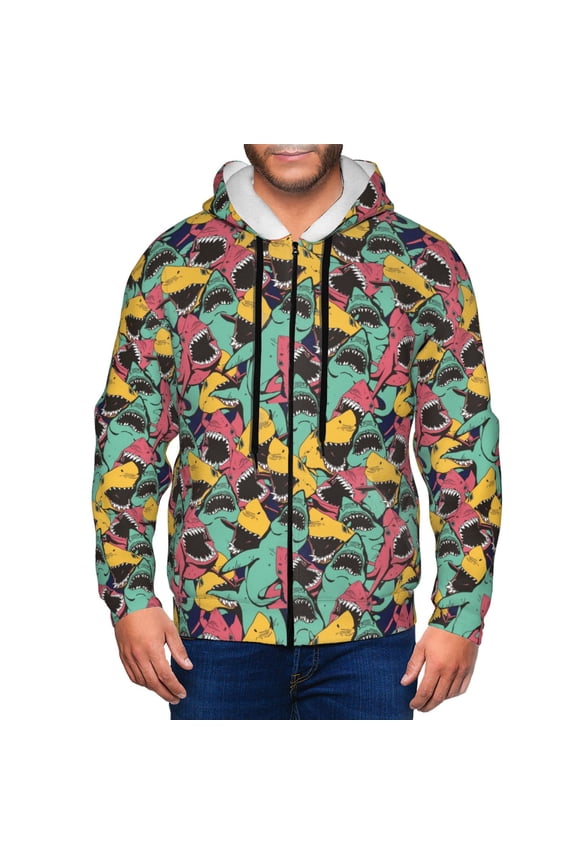 Angry Shark Pattern Print Men Hoodies Casual Hoodies for Men with Zip Pockets Full Zip Long Sleeve Sweatshirt Sports Hooded Jacket-XX-Large