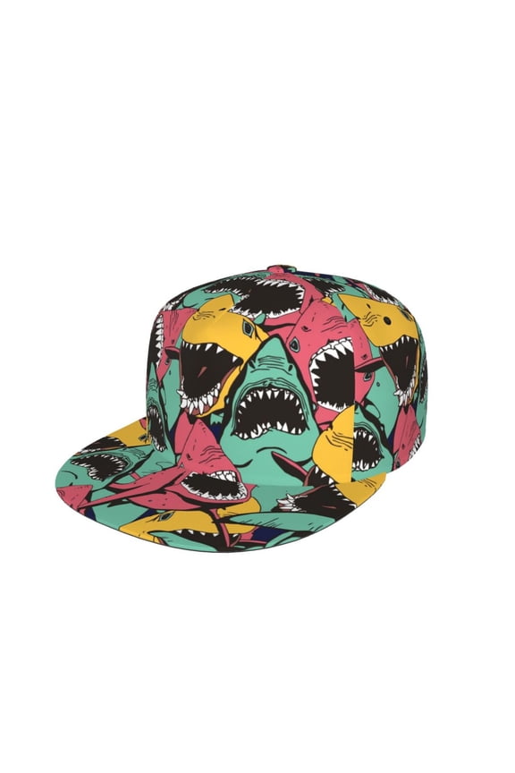 Angry Shark Pattern Print Snapback Hat for Men Women,Adjustable Baseball Cap