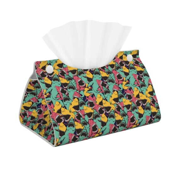 Kdxio Angry Shark Pattern Print Tissue Box Cover,Modern PU Leather Rectangular Tissue Box Holder for Bathroom Living Room Bedroom Office Desk Car Home