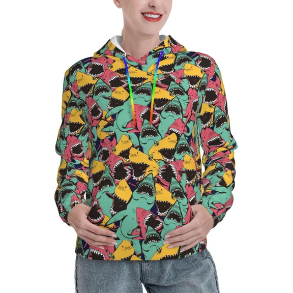 Kdxio Angry Shark Pattern Print Womens Oversized Hoodies Sweatshirts Hooded Pullover Tops Sweaters Casual-Large