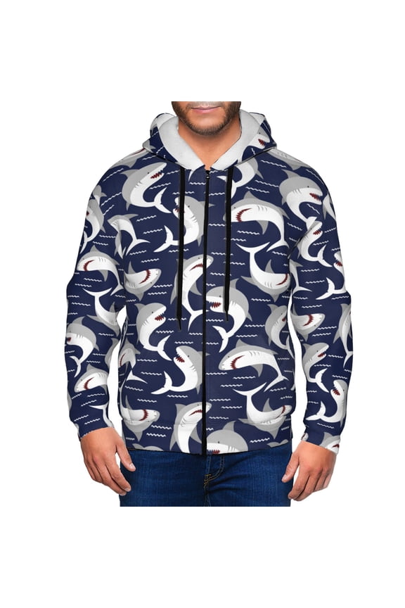 Angry Shark Print Men Hoodies Casual Hoodies for Men with Zip Pockets Full Zip Long Sleeve Sweatshirt Sports Hooded Jacket-3X-Large