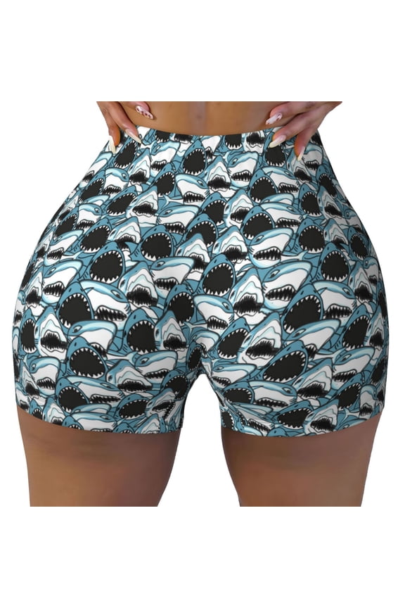 Angry Shark Print Workout Shorts for Women Seamless Soft Smooth Gym Yoga Scrunch Active Shorts