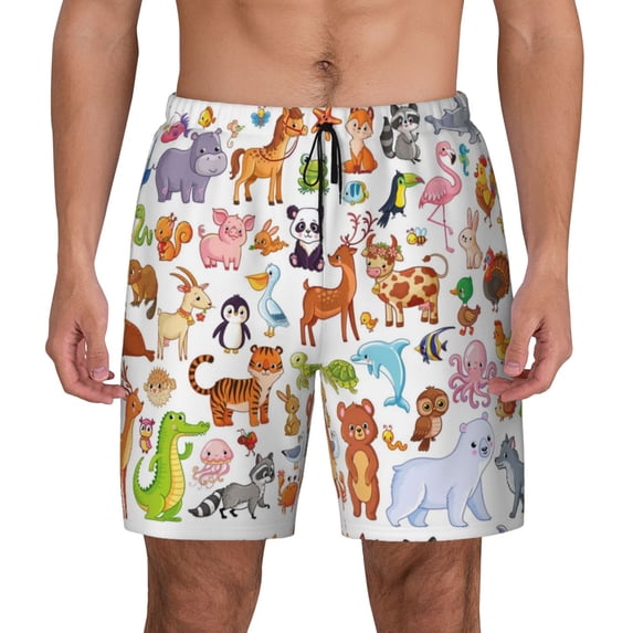 Kdxio Animal Cartoon Style Print Men'S Swim Trunks With Compression Liner 7 Inch Inseam Quick Dry Swim Shorts