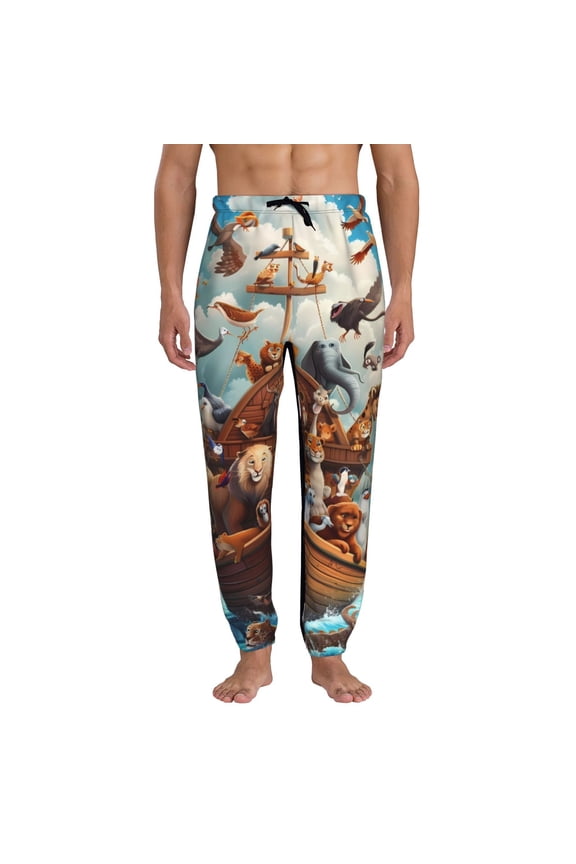 Animal Filled Noahs Ark Pattern Joggers,Sweatpants for Men with Pockets-Medium