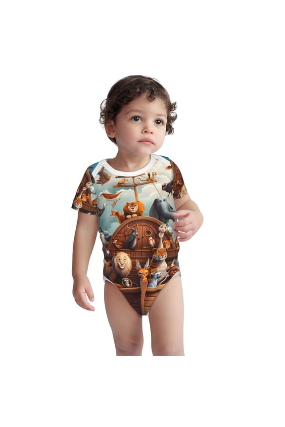 Animal Filled Noahs Ark Pattern Unisex Baby Cotton Short Sleeve Bodysuits-3 Months