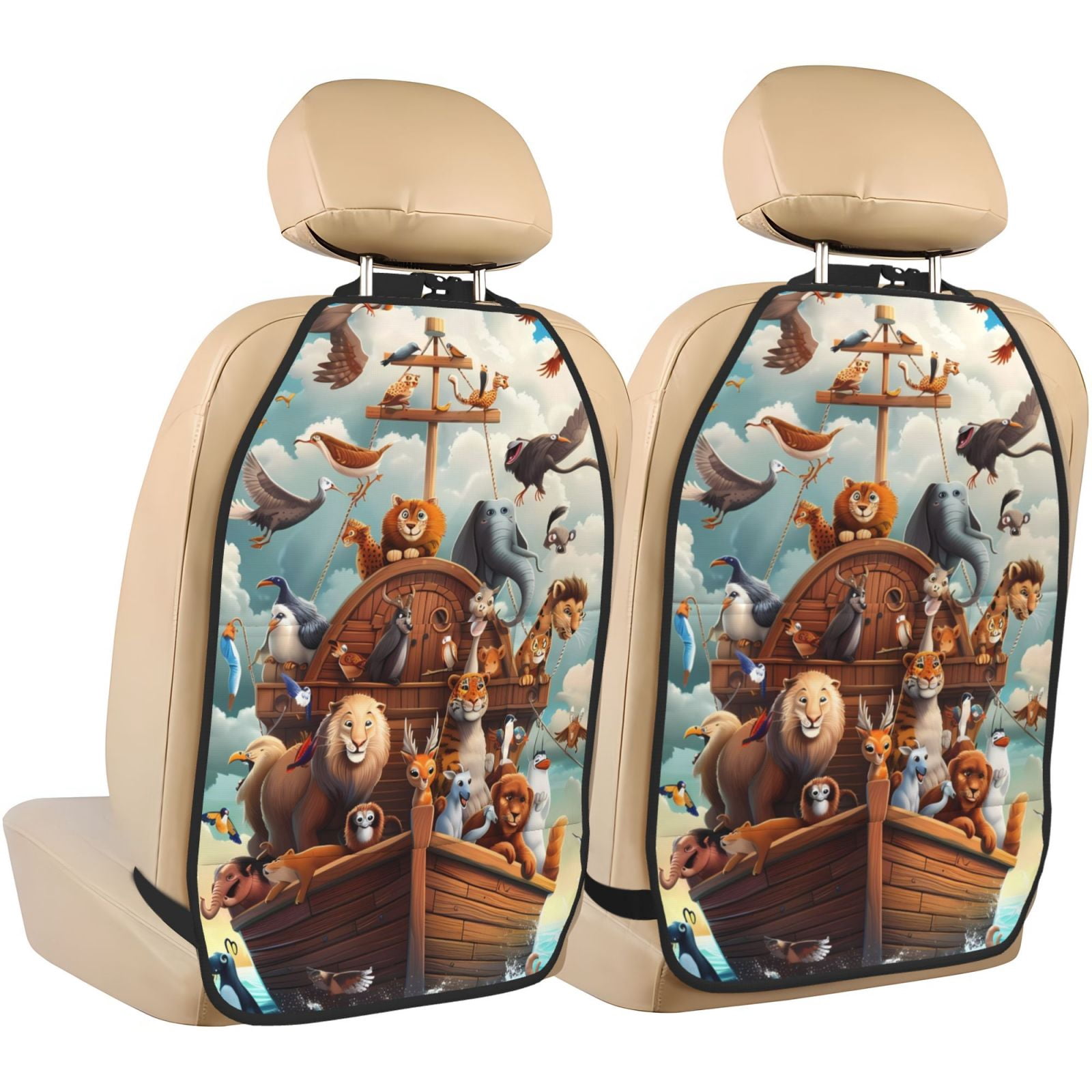 Kdxio Animal Filled Noahs Ark Print 2 Pack Car Kick Mat Seat Cover Back Protector Mat with Pockets for Organizer Backseat Protector and Storage Anti Kick Pad for Vehicles