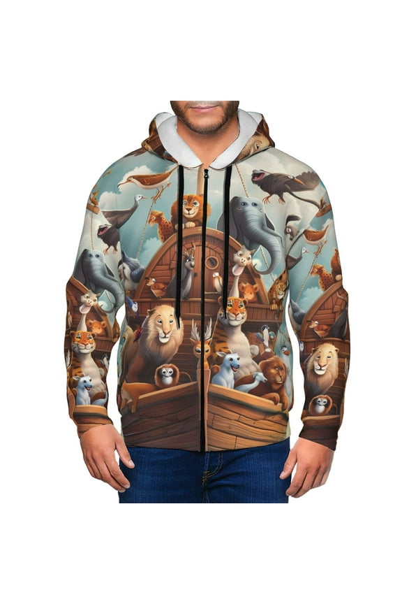 Animal Filled Noahs Ark Print Men Hoodies Casual Hoodies for Men with Zip Pockets Full Zip Long Sleeve Sweatshirt Sports Hooded Jacket-Large