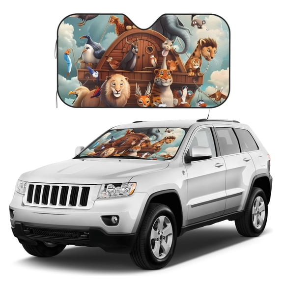 Kdxio Animal Filled Noahs Ark Print Windshield Sun Shade, Foldable Sun Blocker for Car,Truck,SUV Automotive Interior Sun Protection,Reflective Shade for Front Windshield(Medium)