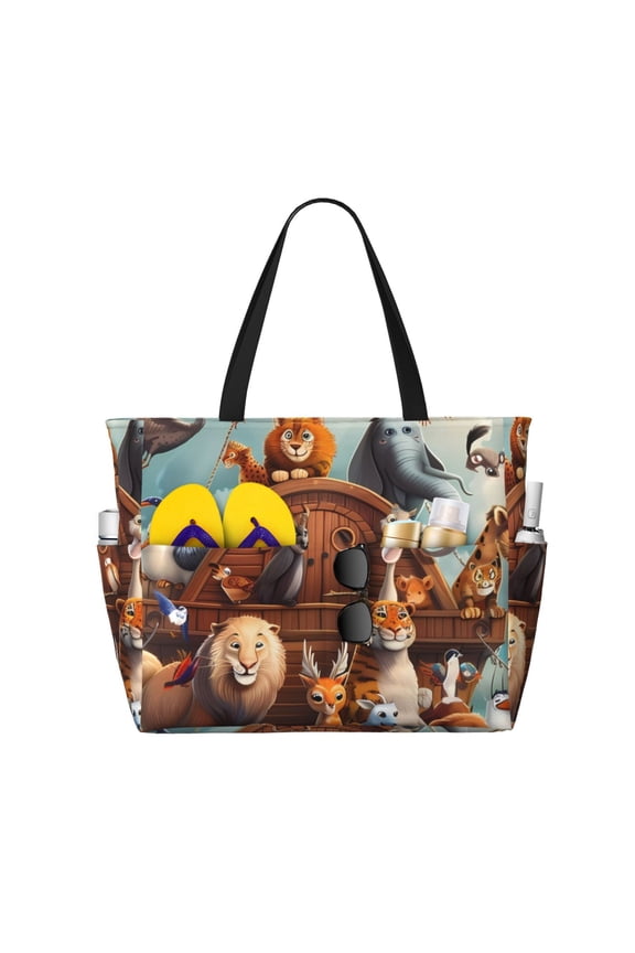 Animal Filled Noahs Ark for Beach Bag for Women Large Beach Tote Bag Waterproof Sandproof Swim Bag with Zipper Pockets Beach Vacation Travel