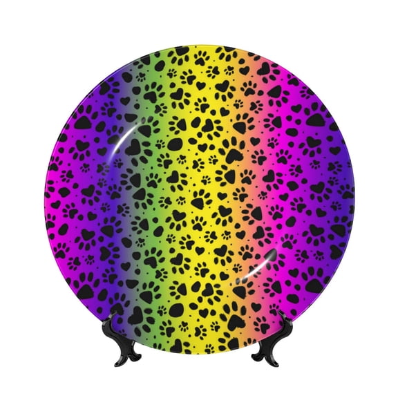 Kdxio Animal Paw Rainbow Bone China Decorative Plate Ceramic Decorative Plate for Home Office Wall Stand Decorative Plates for Home Bedroom-8in