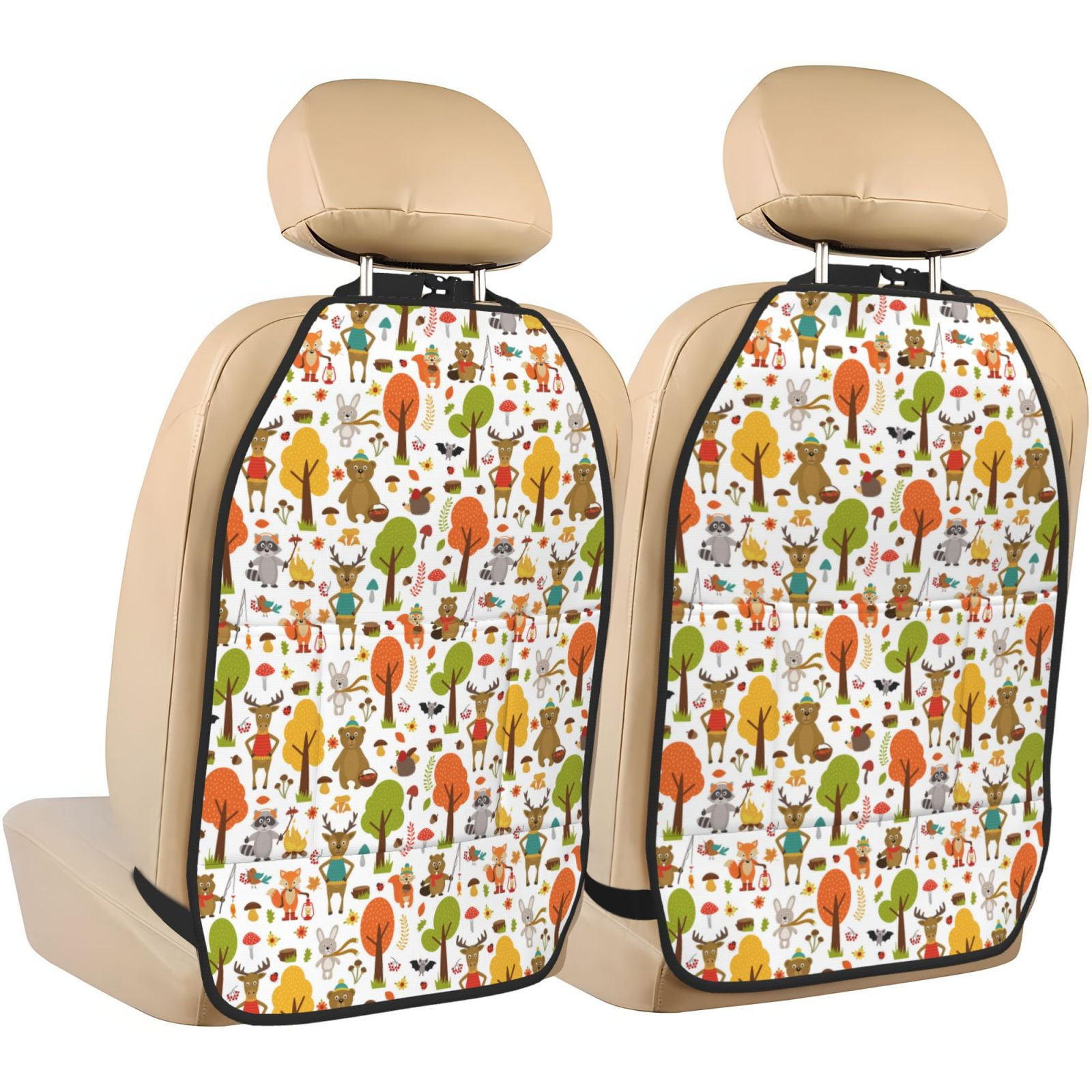 Kdxio Animals Forest Print 2 Pack Car Kick Mat Seat Cover Back Protector Mat with Pockets for Organizer Backseat Protector and Storage Anti Kick Pad for Vehicles