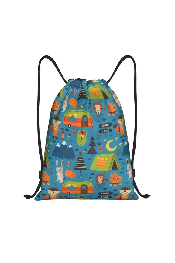 Animals In Camping Print Drawstring Backpack Bag,Waterproof Draw String Back Sack, Gym Drawstring Bags Swim Bag For Unisex