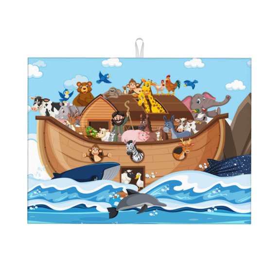 Kdxio Animals on Noah's Ark Floating for Dish Drying Mat,24*18 inch Absorbent Dish Drainer Kitchen Counter,Large Size Dish Drying Pad for Countertops,Draining Racks