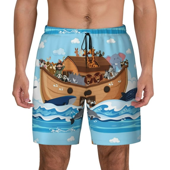Kdxio Animals On Noah'S Ark Print Men'S Swim Trunks With Compression Liner 7 Inch Inseam Quick Dry Swim Shorts
