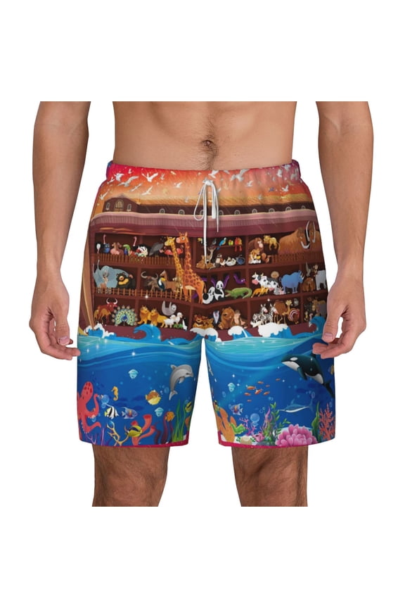 Animals On Noah'S Ark Print Men'S Swim Trunks With Compression Liner 7 Inch Inseam Quick Dry Swim Shorts