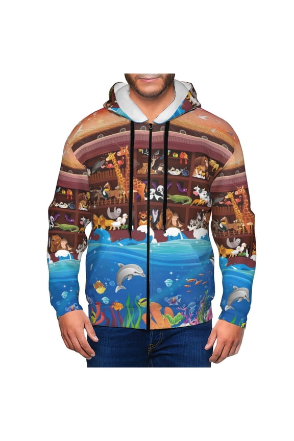 Animals On Noah's Ark2 Print Men Hoodies Casual Hoodies for Men with Zip Pockets Full Zip Long Sleeve Sweatshirt Sports Hooded Jacket-Medium