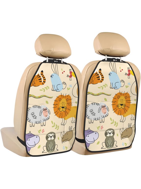 Animals Print 2 Pack Car Kick Mat Seat Cover Back Protector Mat with Pockets for Organizer Backseat Protector and Storage Anti Kick Pad for Vehicles
