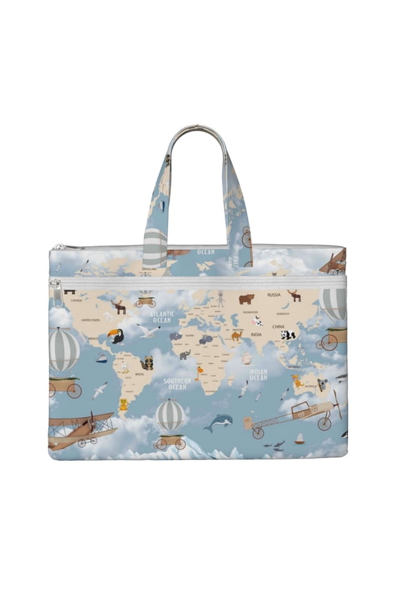 Animals Travel World Map File Tote Document Bag Business Briefcase Bag Document Organizer Tote Briefcase for Letter A4 Files Business Teacher Office Bag
