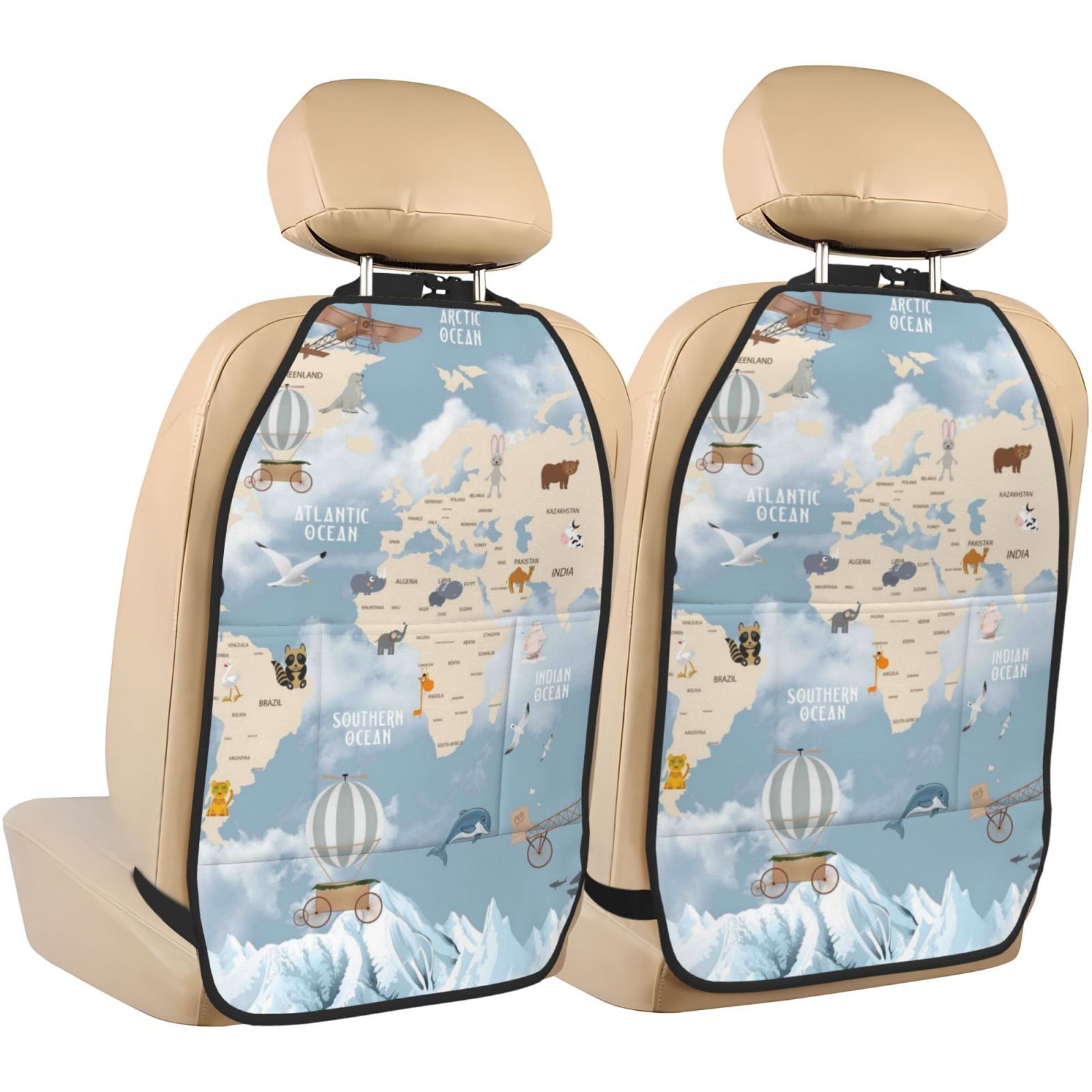 Kdxio Animals Travel World Map Print 2 Pack Car Kick Mat Seat Cover Back Protector Mat with Pockets for Organizer Backseat Protector and Storage Anti Kick Pad for Vehicles
