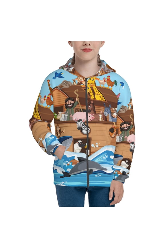 Animals on Noah's Ark Floating Pattern Kids Boys Girls Zip Up Hoodie 3D Printed Hooded Sweatshirt Hoody Coat with Pocket 7-12 Y-Medium