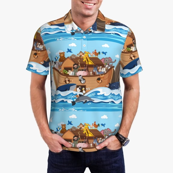 Kdxio Animals on Noah's Ark Floating Print Men's Short Sleeve Polo Shirt,Midweight Men's Shirt