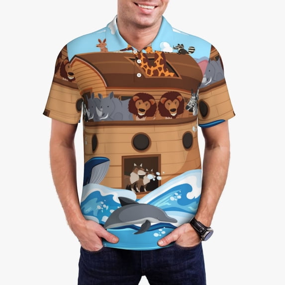 Kdxio Animals on Noah's Ark Print Men's Short Sleeve Polo Shirt,Midweight Men's Shirt