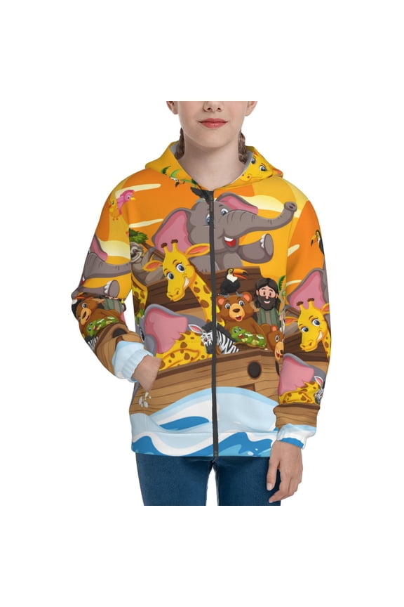 Animals on Noah's Ark1 Pattern Kids Boys Girls Zip Up Hoodie 3D Printed Hooded Sweatshirt Hoody Coat with Pocket 7-12 Y-Small