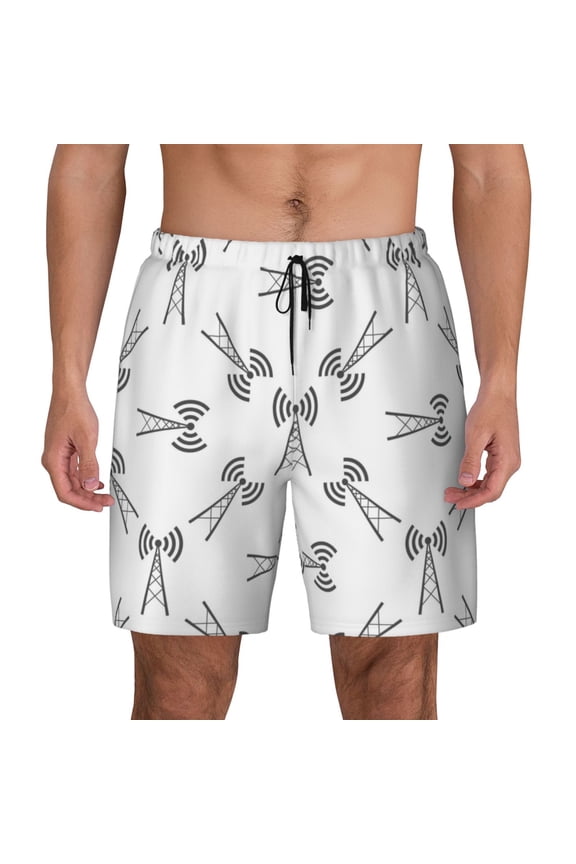 Antenna Icon Print Men's Swim Trunks with Compression Liner 7 Inch Inseam Quick Dry Swim Shorts