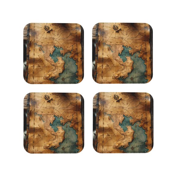 Kdxio Antique Map Adventure Scene Funny Coasters,4 Pcs Leather Coasters,Housewarming Gifts,Protect Furniture from Water Marks Scratch and Damage