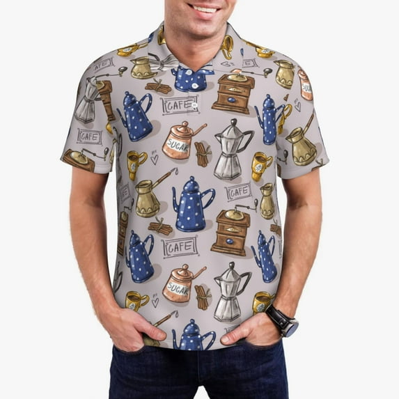Kdxio Antique Vintage Teapot Coffee Grinder Print Men's Short Sleeve Polo Shirt,Midweight Men's Shirt