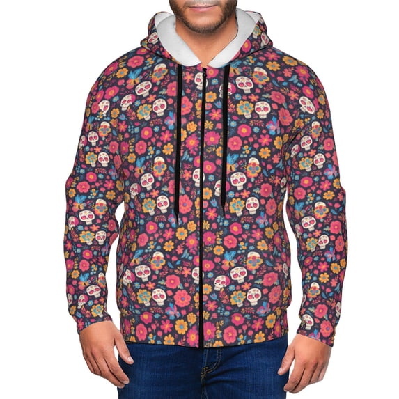 Kdxio Apricot color Skull flower Print Men Hoodies Casual Hoodies for Men with Zip Pockets Full Zip Long Sleeve Sweatshirt Sports Hooded Jacket-XX-Large