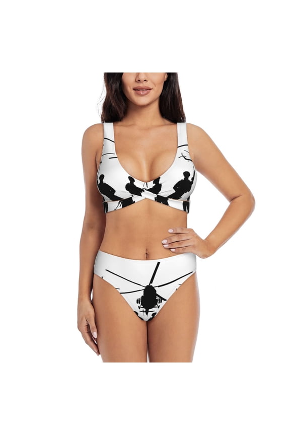 Army Soldiers With Sniper Rifle On Duty Print Women's 2 Piece High Waisted Wrap Spaghetti Strap Summer Swimsuit Bikini Set-Large
