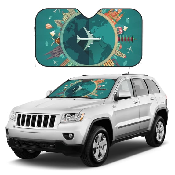 Kdxio Around The Planet Print Windshield Sun Shade, Foldable Sun Blocker for Car,Truck,SUV Automotive Interior Sun Protection,Reflective Shade for Front Windshield(Medium)