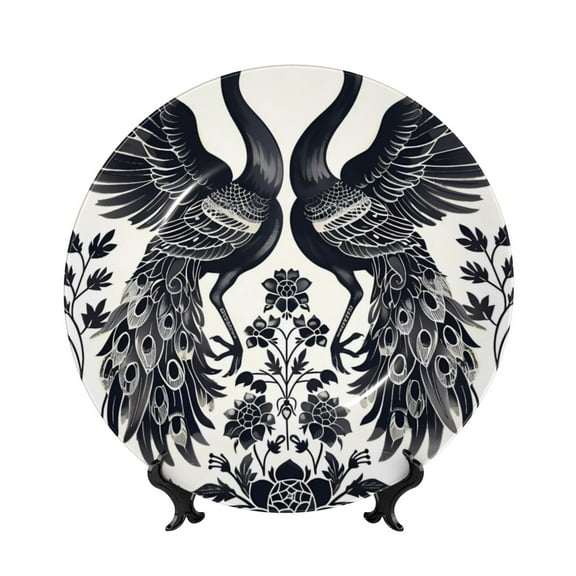 Kdxio Artistic Black White Peacocks Bone China Decorative Plate Ceramic Decorative Plate for Home Office Wall Stand Decorative Plates for Home Bedroom-10in