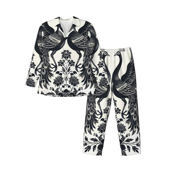 Kdxio Artistic Black White Peacocks Men’s Pajama Set Pajamas For Men 2 Piece PJ Set with Men Pajama Pants and Long Sleeve T-Shirt Lounge Set-Large