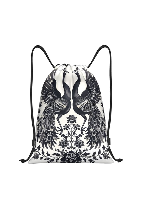 Artistic Black White Peacocks Print Drawstring Backpack Bag,Waterproof Draw String Back Sack, Gym Drawstring Bags Swim Bag For Unisex