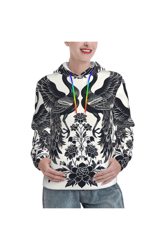 Artistic Black White Peacocks Print Womens Oversized Hoodies Sweatshirts Hooded Pullover Tops Sweaters Casual-Large