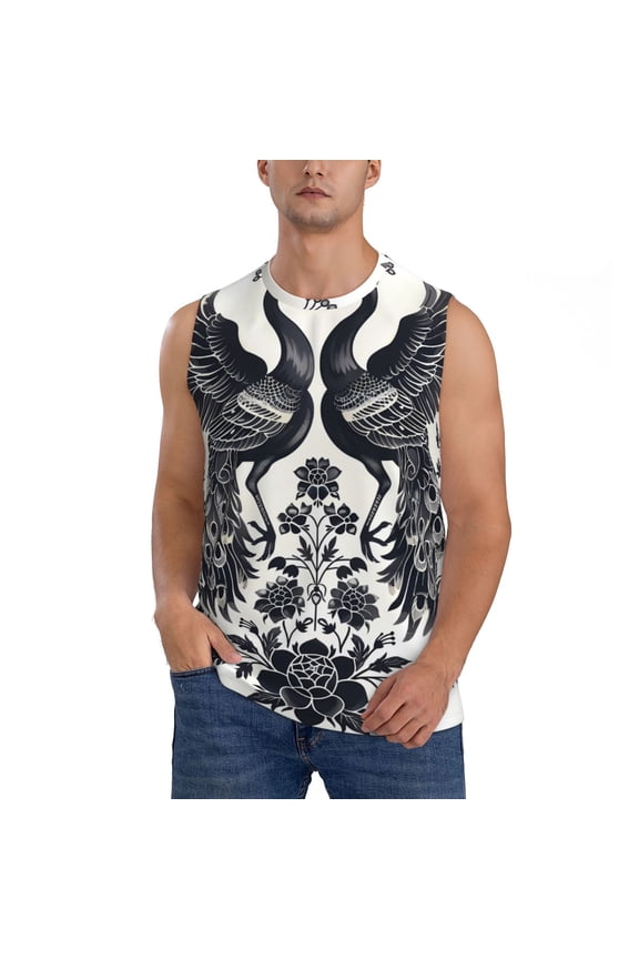 Artistic Black White Peacocks for Men's Muscle T-shirt,Sleeveless for Workout Running Athletic Gym Lounge Casual