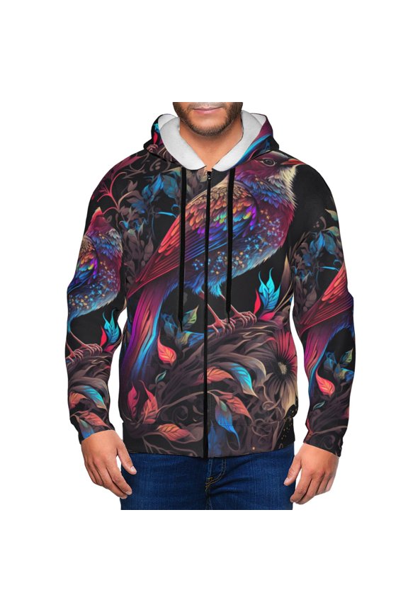 Artistic Colorful Bird Print Men Hoodies Casual Hoodies for Men with Zip Pockets Full Zip Long Sleeve Sweatshirt Sports Hooded Jacket-Small