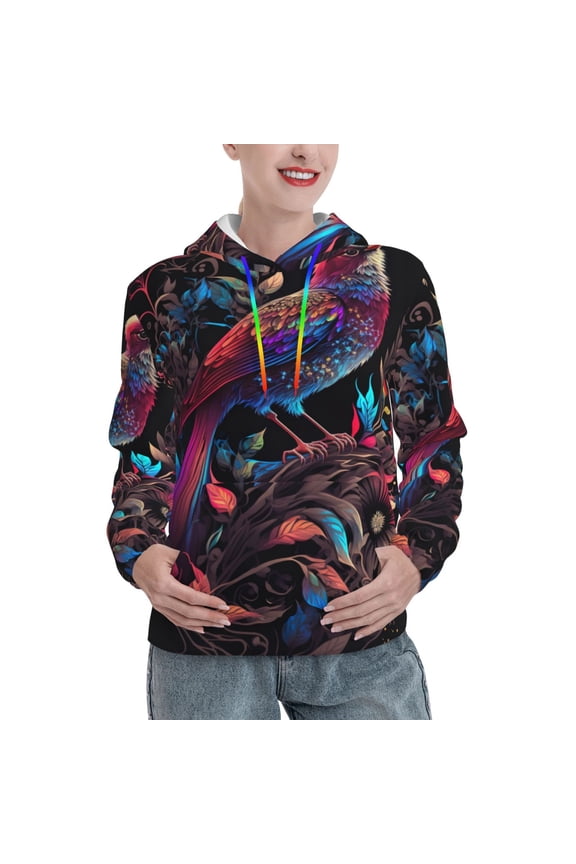 Artistic Colorful Bird Print Womens Oversized Hoodies Sweatshirts Hooded Pullover Tops Sweaters Casual-Small