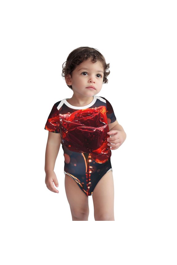 Artistic Dewdrop Rose Pattern Unisex Baby Cotton Short Sleeve Bodysuits-3 Months