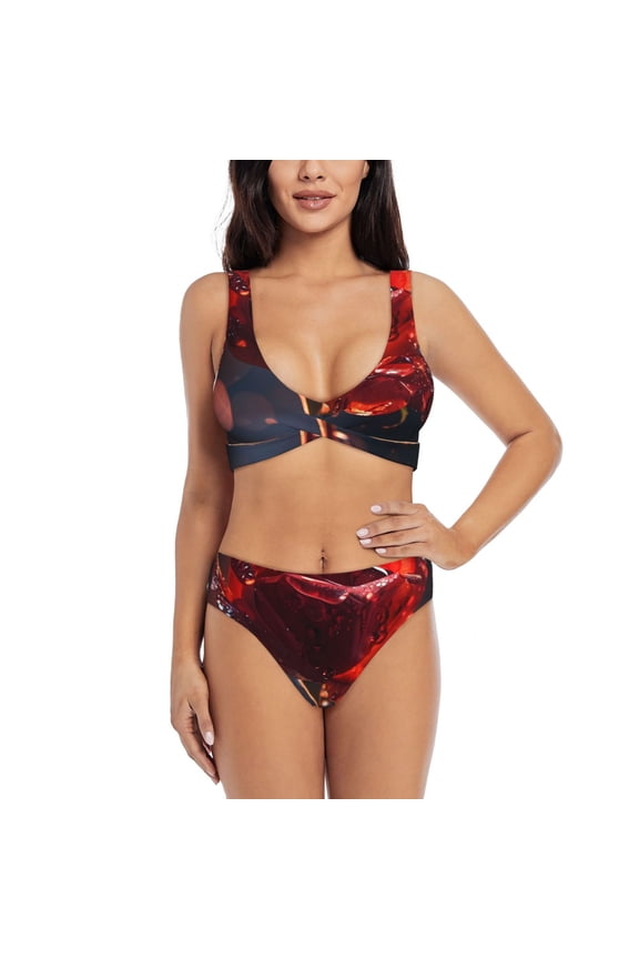 Artistic Dewdrop Rose Print Women's 2 Piece High Waisted Wrap Spaghetti Strap Summer Swimsuit Bikini Set-Medium