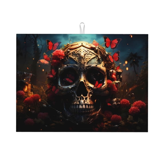 Kdxio Artistic Flower Butterfly Skull for Dish Drying Mat,24*18 inch Absorbent Dish Drainer Kitchen Counter,Large Size Dish Drying Pad for Countertops,Draining Racks