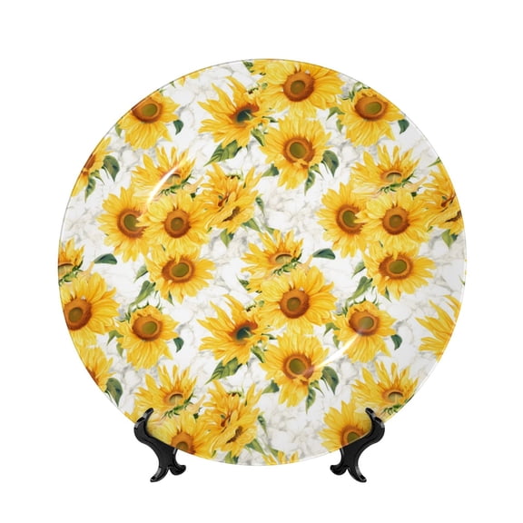Kdxio Artistic Marble Pattern Sunflower Bone China Decorative Plate Ceramic Decorative Plate for Home Office Wall Stand Decorative Plates for Home Bedroom-8in