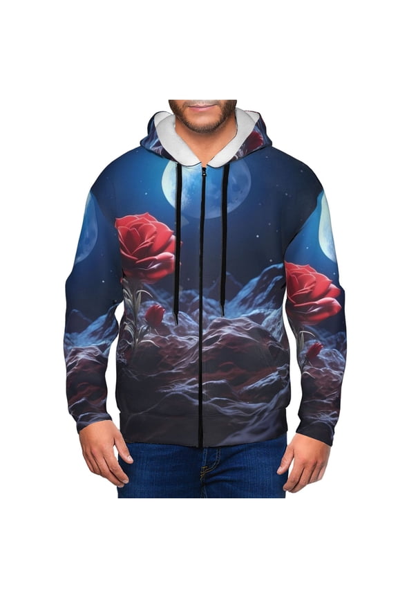 Artistic Moon Rose Print Men Hoodies Casual Hoodies for Men with Zip Pockets Full Zip Long Sleeve Sweatshirt Sports Hooded Jacket-Small