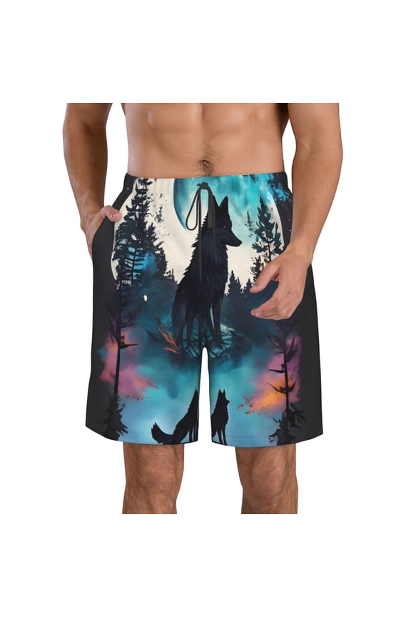 Artistic Moon Valley Wolf Pattern Mens Casual Shorts - Drawstring Summer Beach Sports Shorts for Men