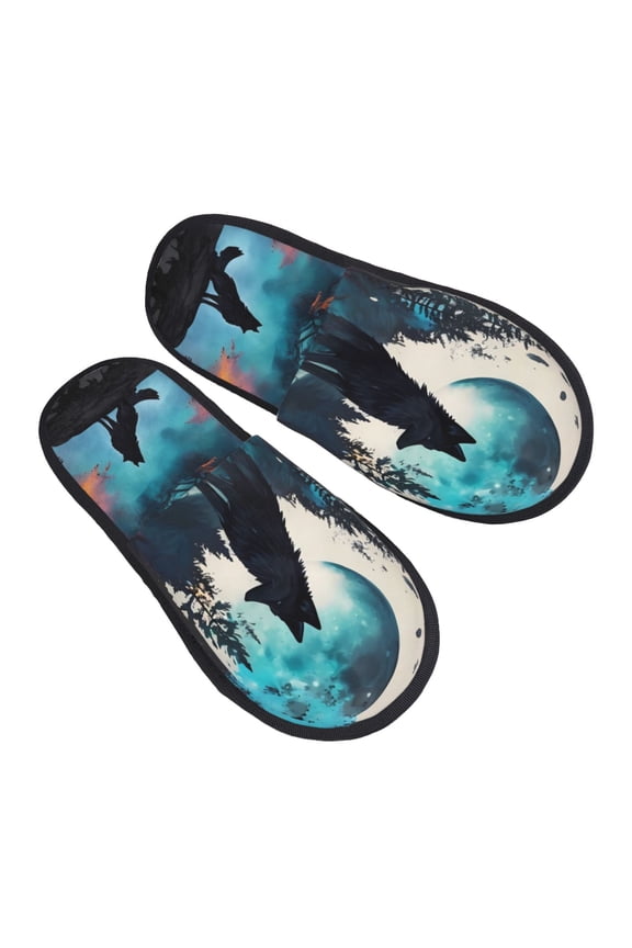 Artistic Moon Valley Wolf Pattern Slippers for Women Memory Foam Fuzzy House Slippers Bedroom Non-slip Warm Womens Slippers