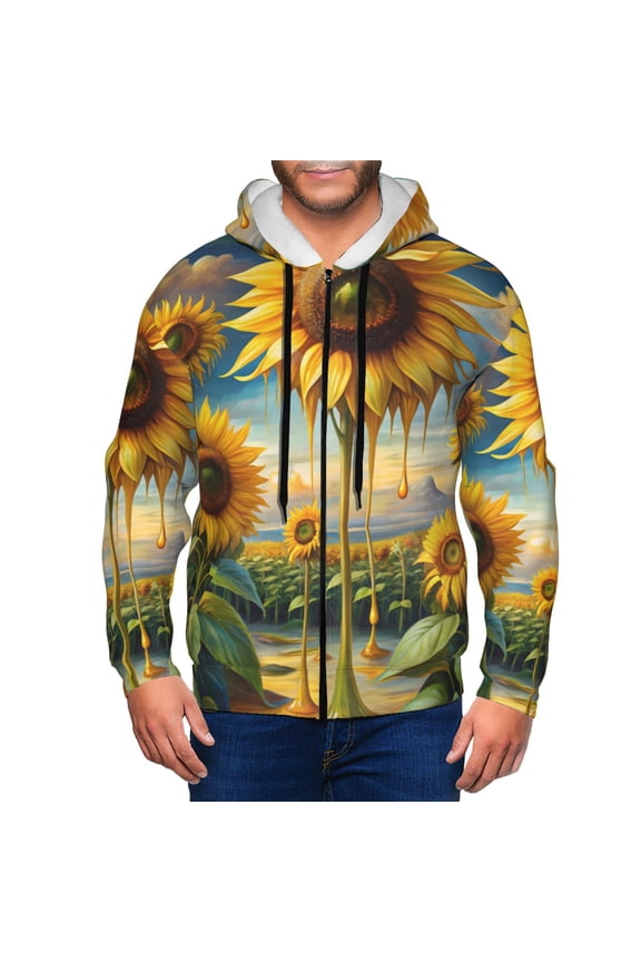 Artistic Oil Painting Sunflower Print Men Hoodies Casual Hoodies for Men with Zip Pockets Full Zip Long Sleeve Sweatshirt Sports Hooded Jacket-Small