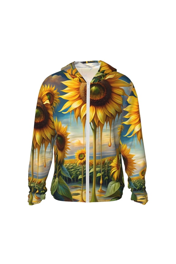 Artistic Oil Painting Sunflower Print Women Men Sun Protection UPF 50+ Jackets Zip Up Long Sleeve Hoodie Hiking Lightweight with Pockets