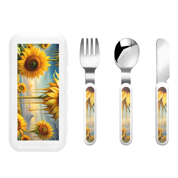 Kdxio Artistic Oil Painting Sunflower Toddler Utensils Set - Kids Silverware Set, Set Kids Utensils Set with Case for Preschooler Children